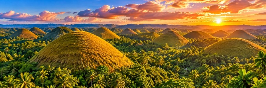 Panoramic view of the Chocolate Hills in Bohol, with hundreds of rounded golden hills, lush tropical greenery, and a colorful sunset sky.