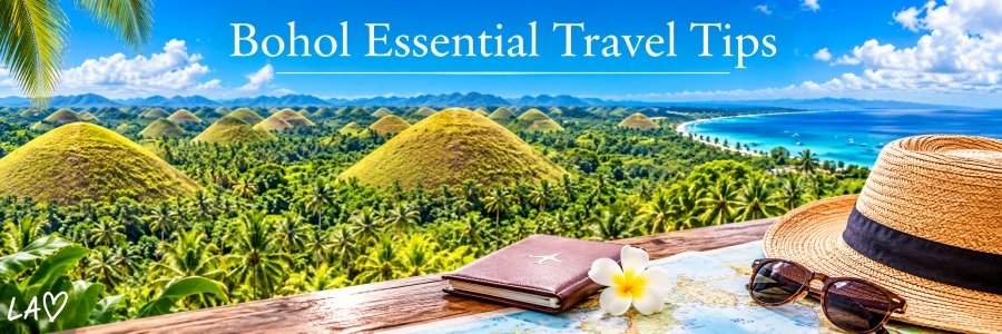 Bohol Essential Travel Tips banner featuring the famous Chocolate Hills, turquoise coastline, tropical palm trees, a straw hat, sunglasses, and travel essentials.