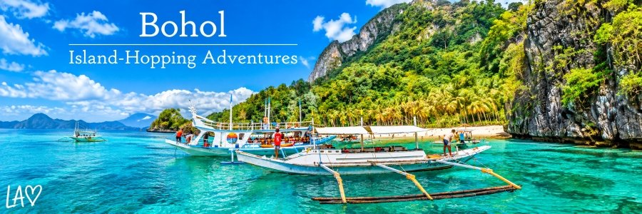Bohol island-hopping adventures with traditional Filipino outrigger boats floating in turquoise waters beside a palm-lined beach and dramatic limestone cliffs.