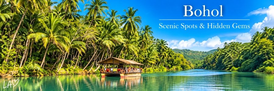 Bohol scenic spots and hidden gems banner featuring a traditional river cruise boat surrounded by lush tropical palms, green hills, and calm emerald waters.