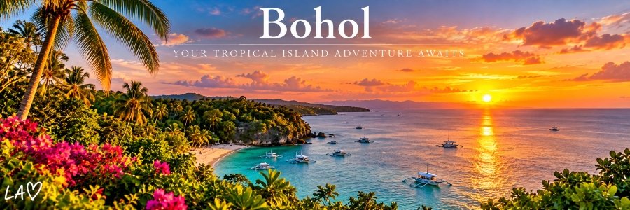 A tropical island sunset overlooking a turquoise bay with traditional outrigger boats, palm-lined beaches, lush greenery, and golden reflections across the ocean.