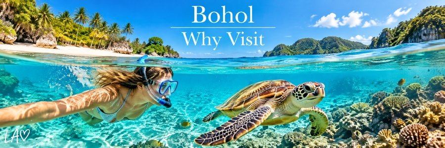 Snorkeler swimming alongside a sea turtle above colorful coral reefs in Bohol, with a tropical beach and turquoise waters.