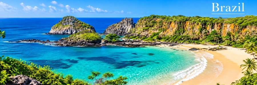 Brazil's most beautiful beaches featuring turquoise ocean waters, golden sand, lush green cliffs, and rocky islands along a tropical coastline.