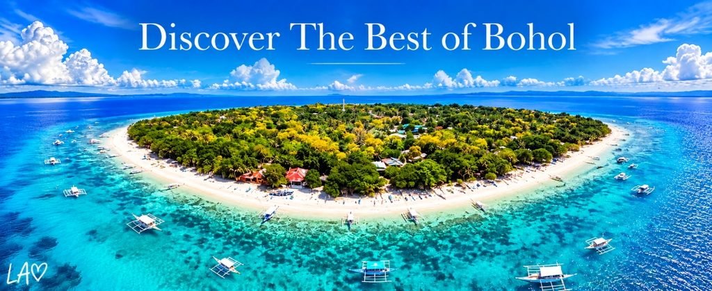 Aerial view of a lush tropical island surrounded by white sandy beaches, crystal-clear turquoise water, and traditional outrigger boats in Bohol, Philippines.
