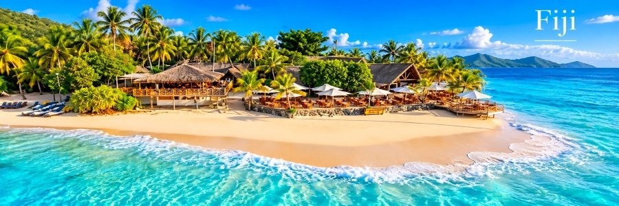 Fiji's most beautiful beaches featuring golden sand, turquoise ocean water, swaying palm trees, and traditional thatched-roof beachfront resorts.