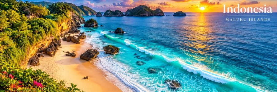 Indonesia's most beautiful beaches featuring golden sand, turquoise waves, lush coastal cliffs, and rocky islands in the Maluku Islands.