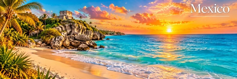 Mexico's most beautiful beaches featuring turquoise Caribbean waters, golden sand, tropical palms, and ancient Mayan ruins overlooking the coast.