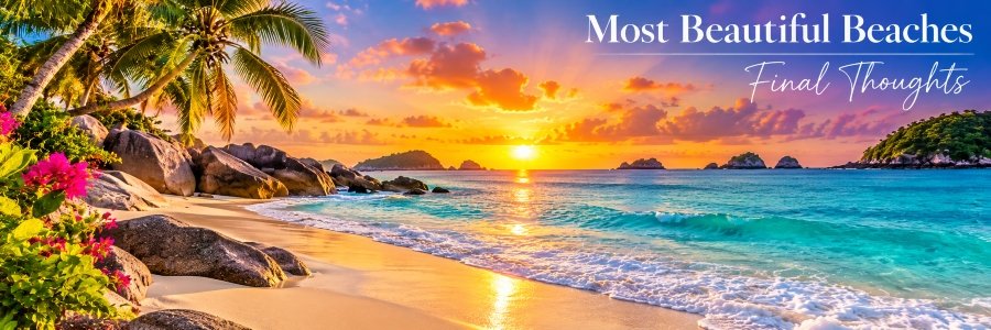 Golden tropical sunset over turquoise ocean waves, with palm trees, pink flowers, smooth rocks, and a sandy shoreline.
