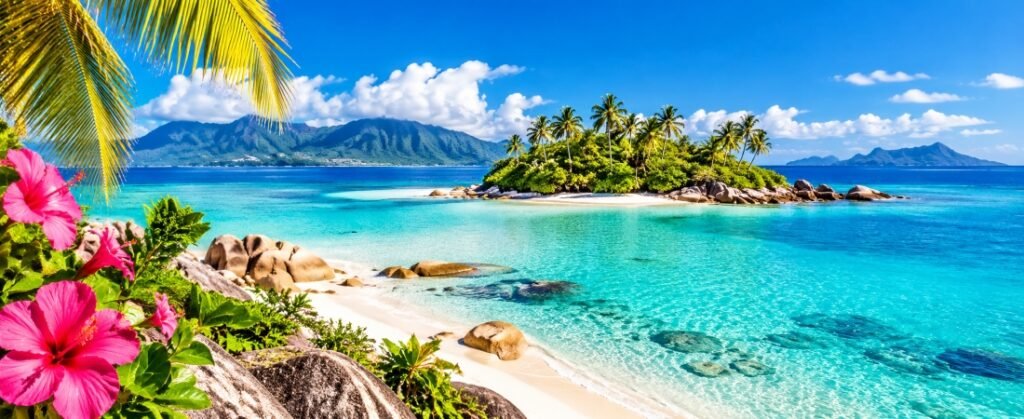 Most beautiful beaches around the world featuring a tropical island, turquoise lagoon, white sand, pink hibiscus flowers, and lush mountain scenery.