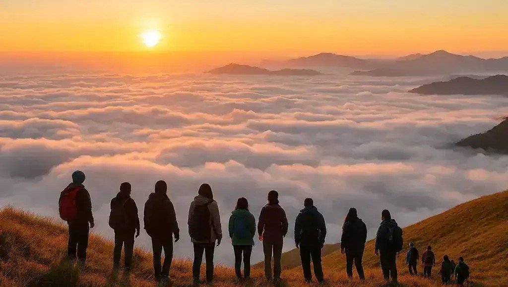 hikers watching sunrise above the sea of clouds on Mount Pulag in Luzon Philippines