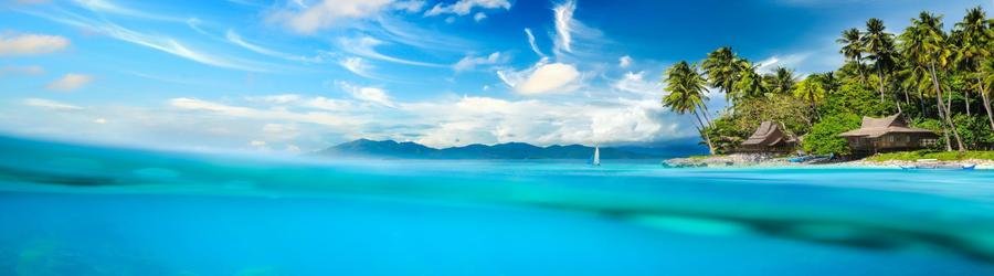 Turquoise lagoon in Bora Bora, French Polynesia, with palm trees, thatched huts, and a tropical island backdrop