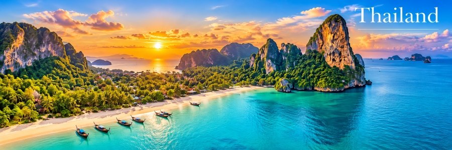 Thailand's most beautiful beaches featuring turquoise waters, traditional long-tail boats, towering limestone cliffs, and a golden tropical sunset.