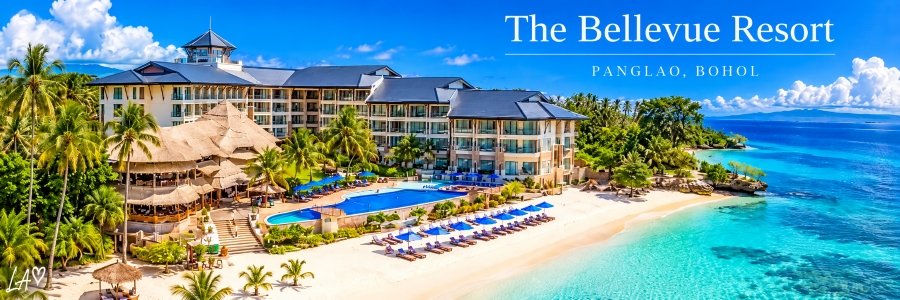 The Bellevue Resort in Panglao, Bohol, featuring luxury beachfront accommodations, a sparkling swimming pool, white-sand beach, tropical palms, and turquoise ocean waters.