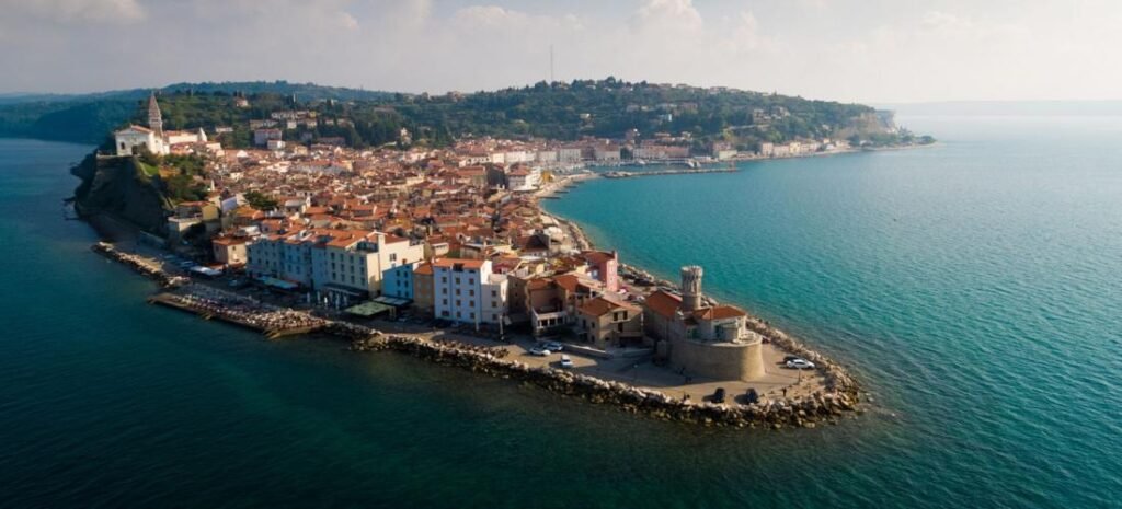 Beautiful Slovenia Adriatic Coast with Piran’s old town and blue Adriatic waters.