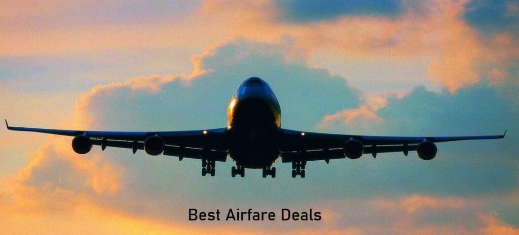 Commercial airplane flying into the sunset sky – best airfare deals for cheap flights worldwide.