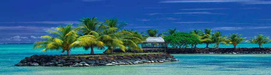 Tropical islet with palm trees and a small fale pavilion surrounded by turquoise waters in American Samoa.