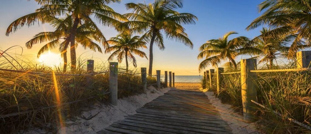 Sunrise over Florida Coastal Towns with palm trees and a wooden boardwalk leading to the beach.