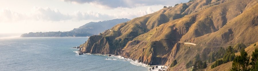 Rugged Marin County coastline near Muir Beach with steep cliffs and waves crashing against the shore.