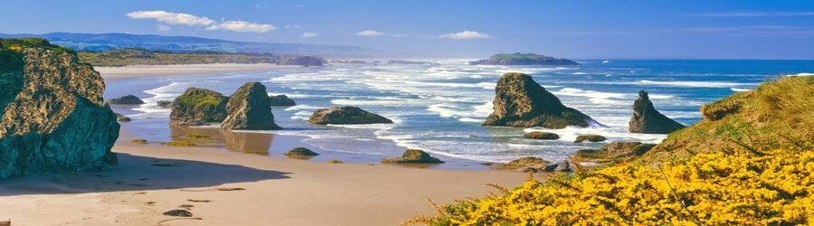 Sea stacks and waves along a scenic Oregon Coast beach with bright coastal colors.