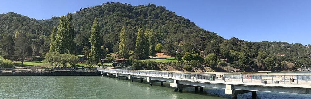 Paradise Beach Park pier extending over calm green water with forested hills and picnic areas in Marin County.