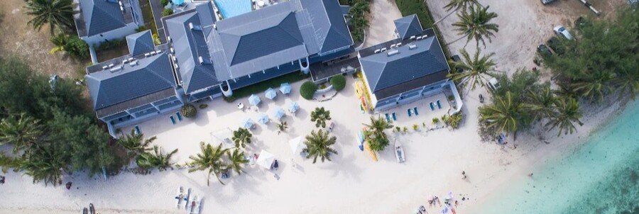 Serenity Villas Rarotonga aerial view of beachfront resort and lagoon