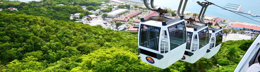 Skyride cable cars gliding over the lush green hills of St. Thomas near the harbor.