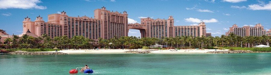 Calm turquoise water of the Paradise Lagoon in front of Atlantis on Paradise Island, Bahamas.