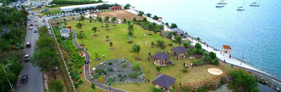 Aerial view of Queen Elizabeth II Park beside Road Town harbor