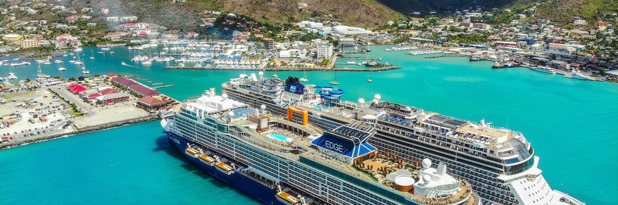 Aerial view of a cruise ship docked at Tortola Cruise Port in Road Town