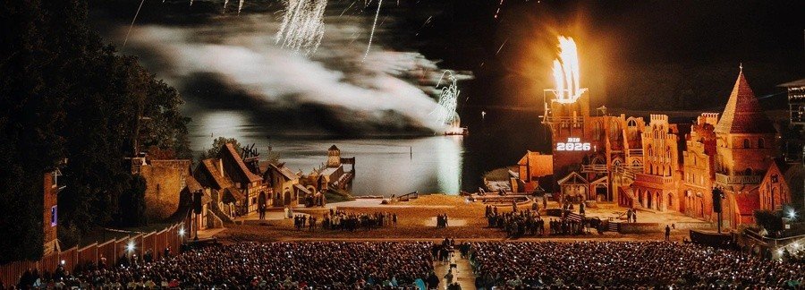 Störtebeker Festival open-air theater performance in Ralswiek on Rügen Island with fireworks
