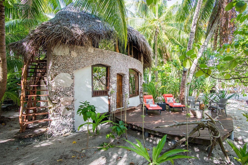 Ninamu Resort bungalow surrounded by palm trees with wooden deck and tropical garden setting