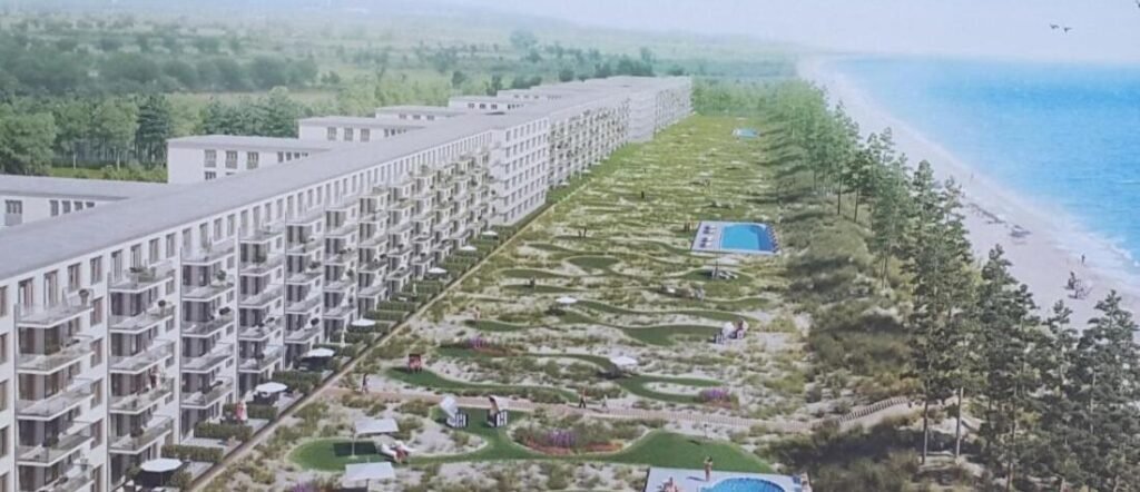 Prora resort complex on Ruegen Island Germany along the Baltic Sea, the historic seaside building stretching along the coastline.