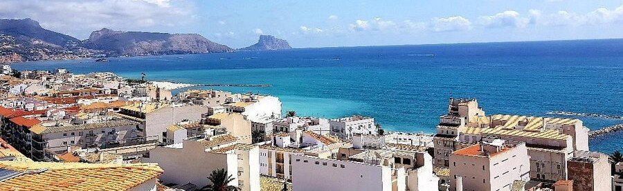 Altea Spain whitewashed old town overlooking Mediterranean coastline and turquoise sea on the Costa Blanca