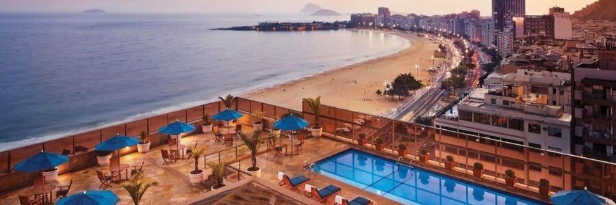 The luxury rooftop swimming pool at JW Marriott Hotel Rio de Janeiro looking over Copacabana Beach