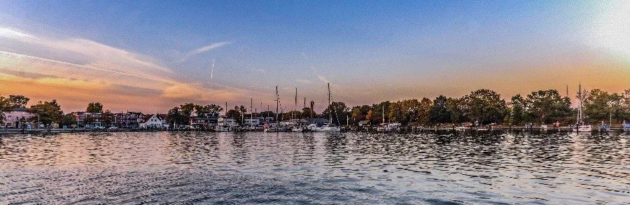 Sunset view of Lauterbach harbor marina on Rügen Island along the Greifswalder Bodden
