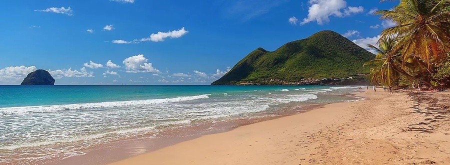 Le Diamant Beach in Martinique with golden sand, palm trees, turquoise water, and Diamond Rock in the distance