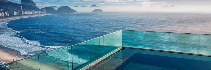 The luxury rooftop infinity pool at Miramar by Windsor looking over Copacabana Beach in Rio de Janeiro