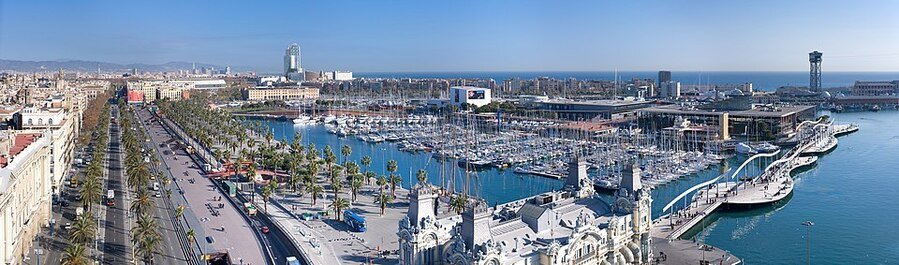 Port Vell marina and Rambla del Mar bridge in Barcelona near cruise port
