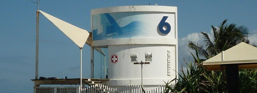 Posto 6 lifeguard station at Copacabana Beach in Rio de Janeiro Brazil with palm trees and beach facilities near the famous coastline.