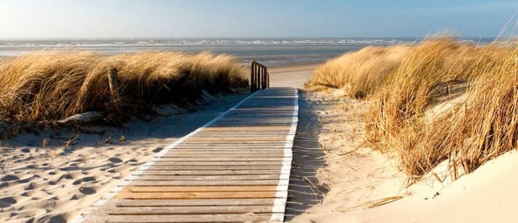 Wooden boardwalk leading through sand dunes to a Baltic Sea beach near Putbus on Rügen Island