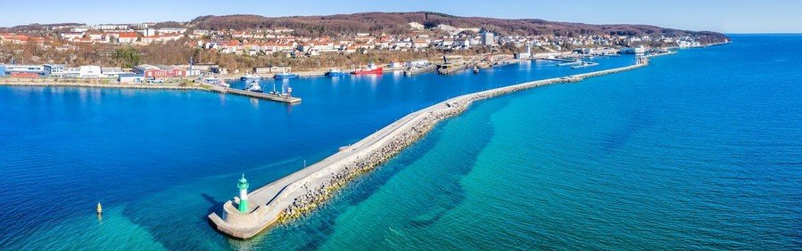 Aerial view of Sassnitz harbor and long pier extending into the Baltic Sea in German