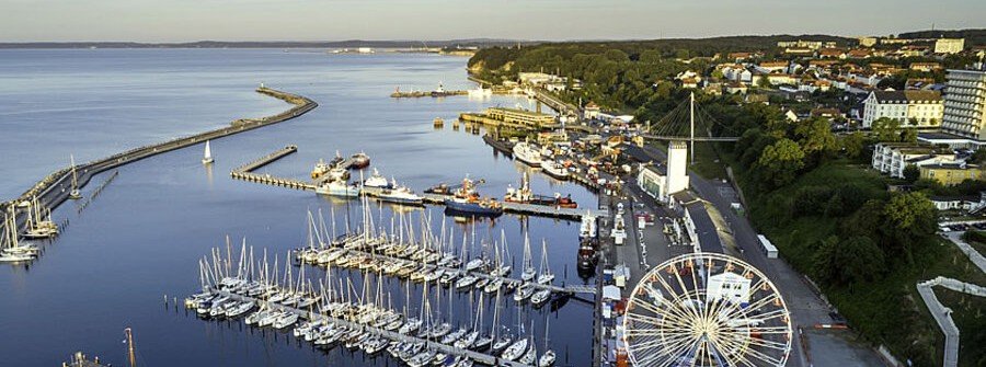 Aerial view of Sassnitz marina and pier on the Baltic Sea in Rügen, Germany