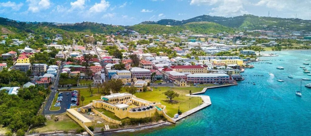 Aerial view of Christiansted harbor and colorful town in St Croix US Virgin Islands