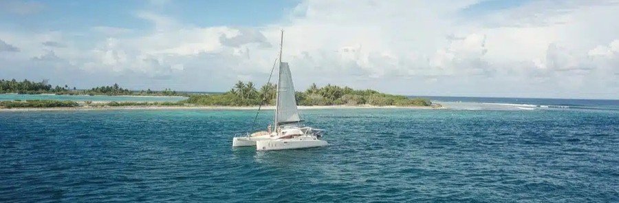 Catamaran sailing through deep blue lagoon toward tropical island with palm trees and shallow reef