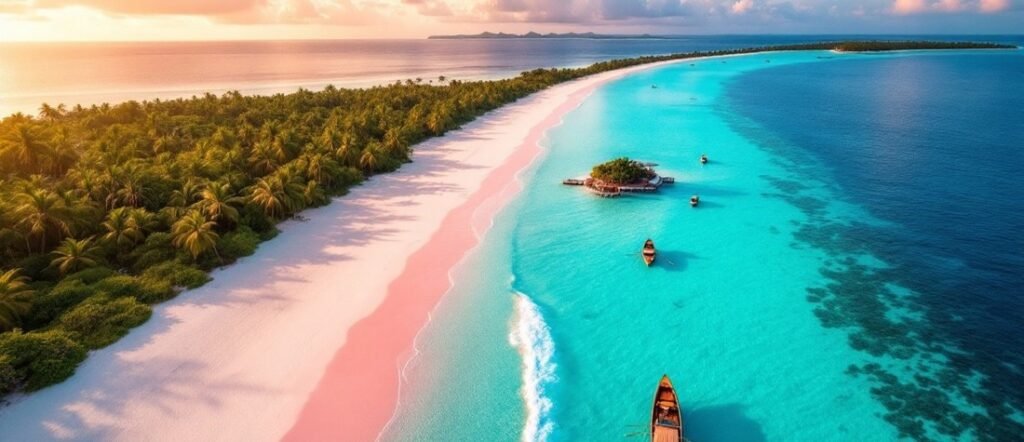 Aerial view of pink sand beach and turquoise lagoon in Tikehau French Polynesia with boats