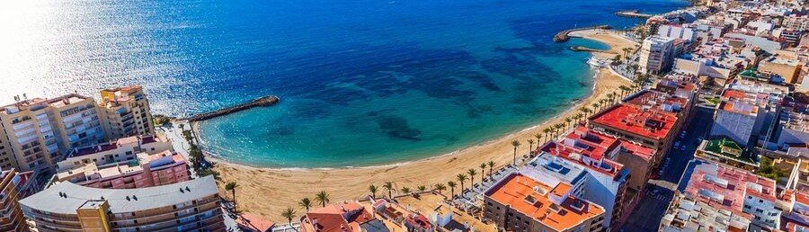 Aerial view of Torrevieja beach Spain with curved sandy shoreline, palm-lined promenade, and turquoise Mediterranean Sea