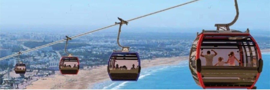 Agadir cable car above the coast with panoramic ocean views.