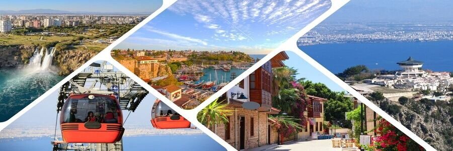 antalya-city-highlights-collage | Beach Travel Destinations A multi-panel collage of Antalya landmarks, including the Lower Düden Waterfall plunging into the sea, a red cable car ascending a mountain, a panoramic view of the Old Town harbor, a narrow cobblestone street in Kaleiçi with Ottoman-style houses, and a panoramic view from Tünektepe hill.