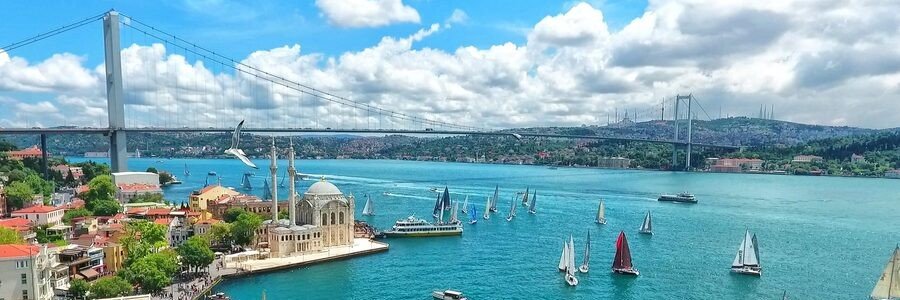 Bosphorus bridge and waterfront view near Istanbul Port with boats and city skyline