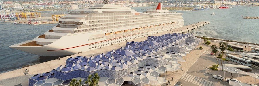 Digital rendering of a large white cruise ship docked at the modern Casablanca Port cruise terminal with blue geometric canopies.